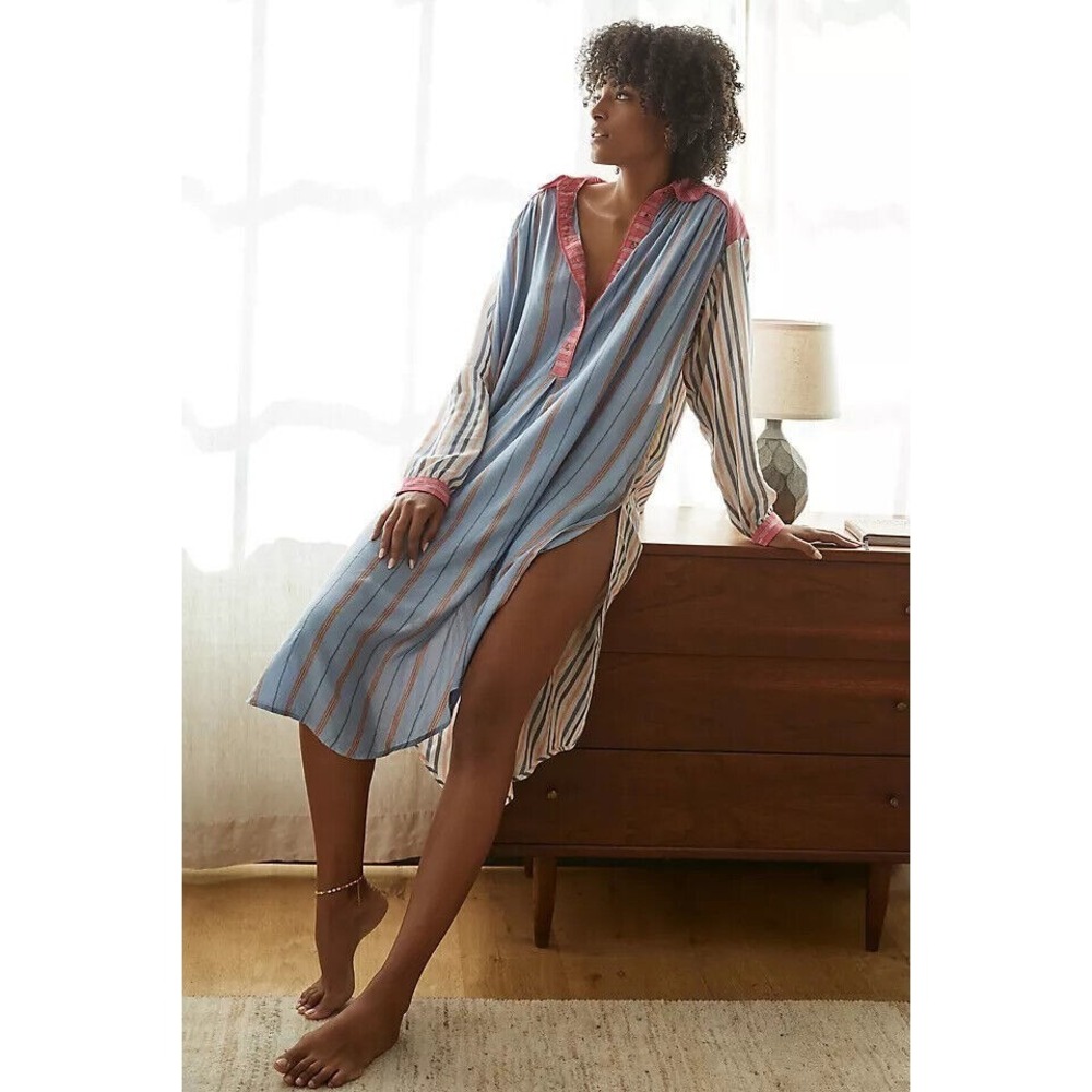 By‎ Anthropologie True Midi Pajamas Dress Striped Button Long Sleeve Sheer XXS